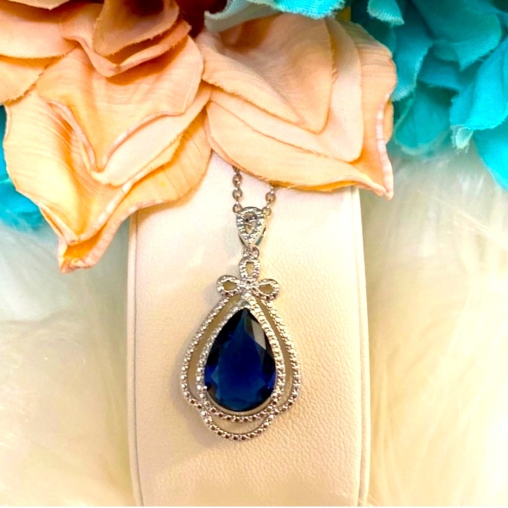 Sapphire Gemstone & Micro Pave Diamond Pendant Necklace With Silver Chain NEW! - Picture 3 of 6